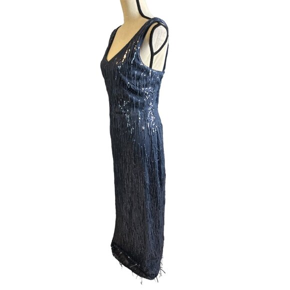 R&M Richards Blue Sequin Maxi Dress NEW V Neck Fringe Open Back Stretchy Size 14 - Picture 4 of 9